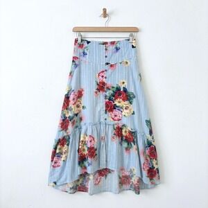 Anthropologie Blue Floral Striped Button Front High-Low Maxi Skirt 8 OB931564